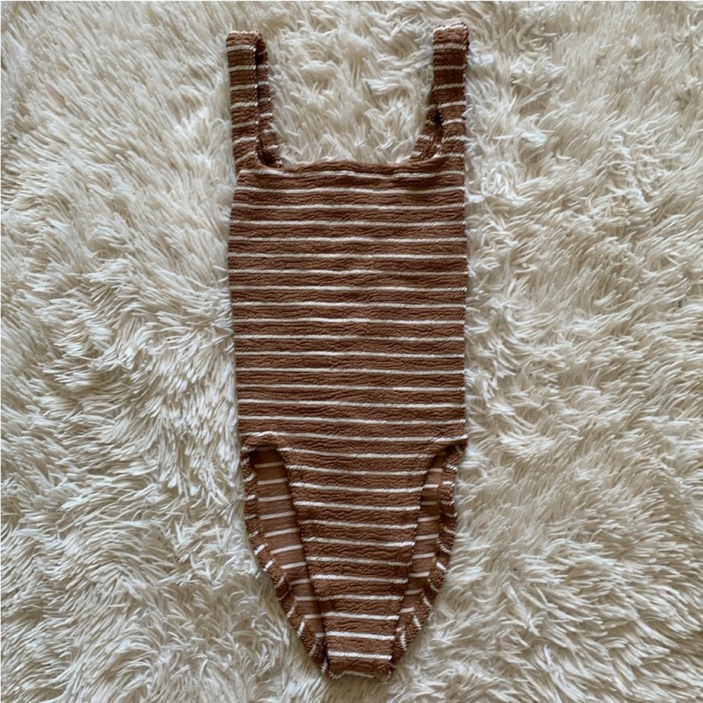 Hunza G one piece metallic cocoa and white stripe square neck